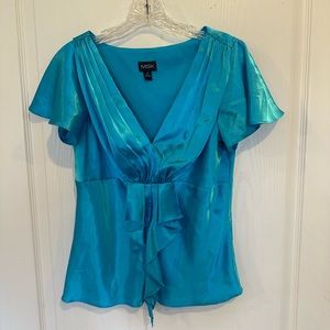 MSK women’s vintage y2k turquoise satin ruffle front blouse size medium